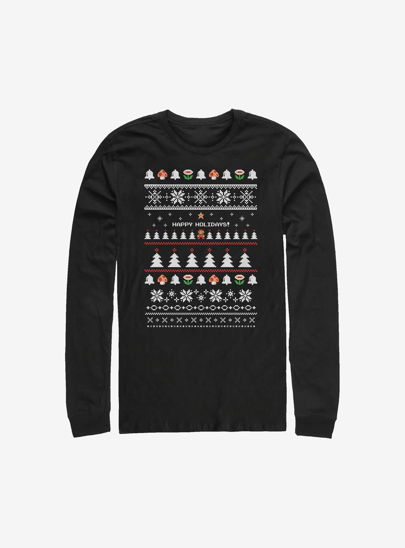 Super Mario Happy Holidays Christmas Pattern LongSleeve TShirt T-Shirt | Holiday Edition | Top Pick For Gifting