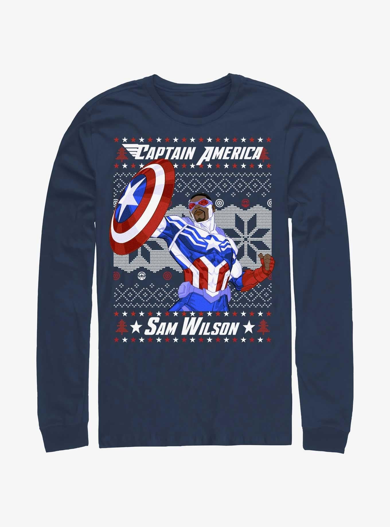 Marvel Captain America Sam Wilson Ugly Christmas Long-sleeve T-shirt | Trendy Graphic Tee | Casual Unisex T-shirt