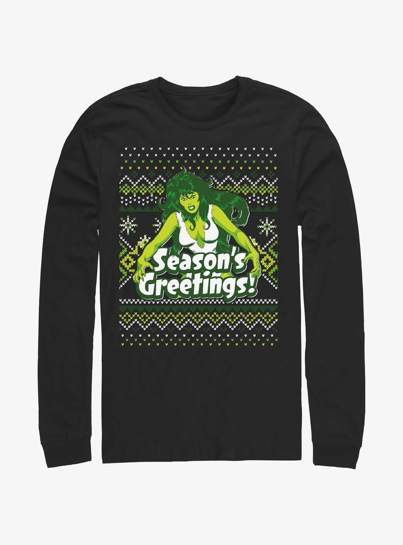 Marvel Hulk SheHulk Seasons Greetings Ugly Christmas LongSleeve TShirt T-Shirt | Cute Festive Style | Top Pick For Gifting