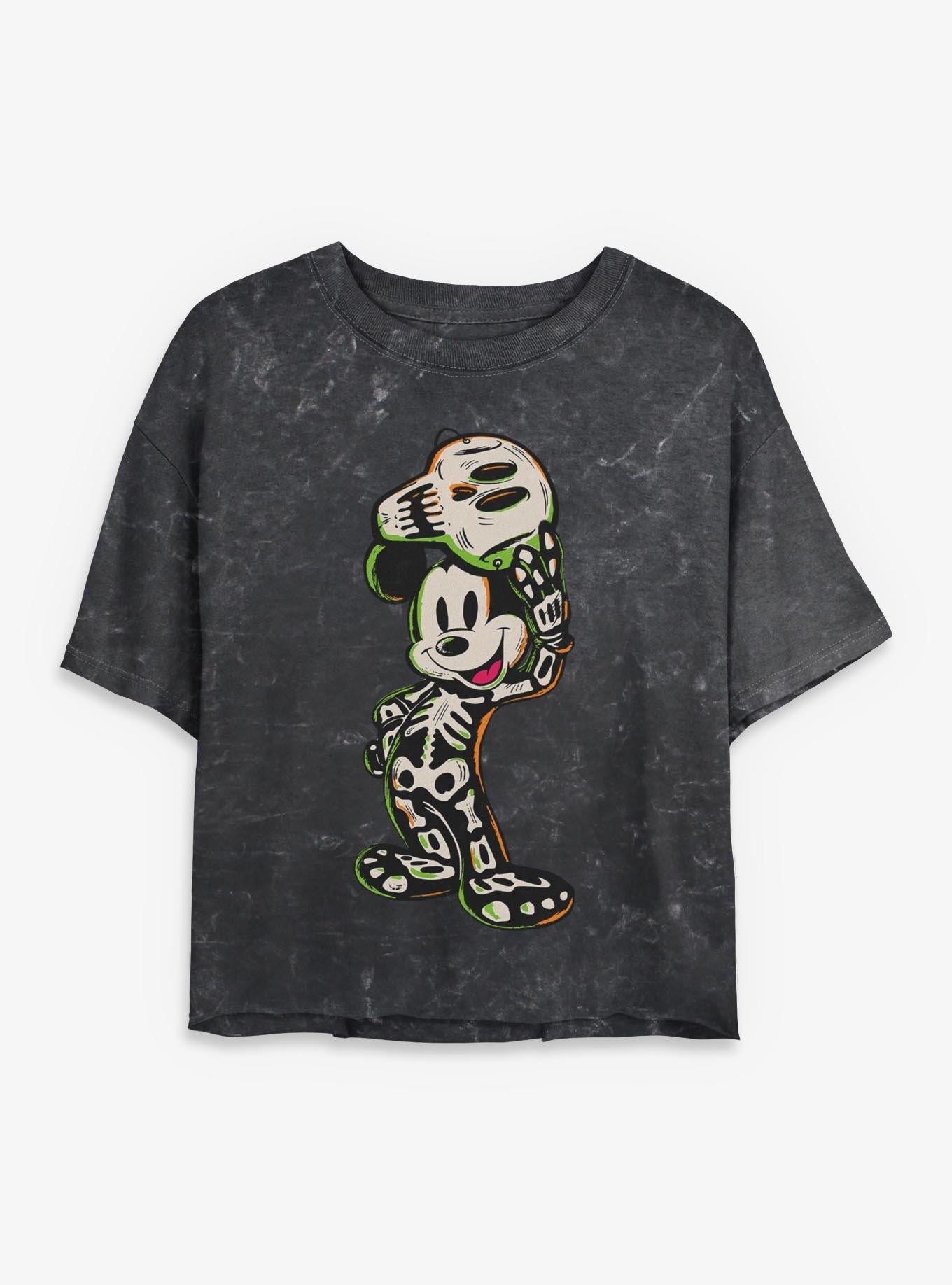 Disney Mickey Mouse Halloween Skeleton Girls Mineral Wash Crop T-Shirt
