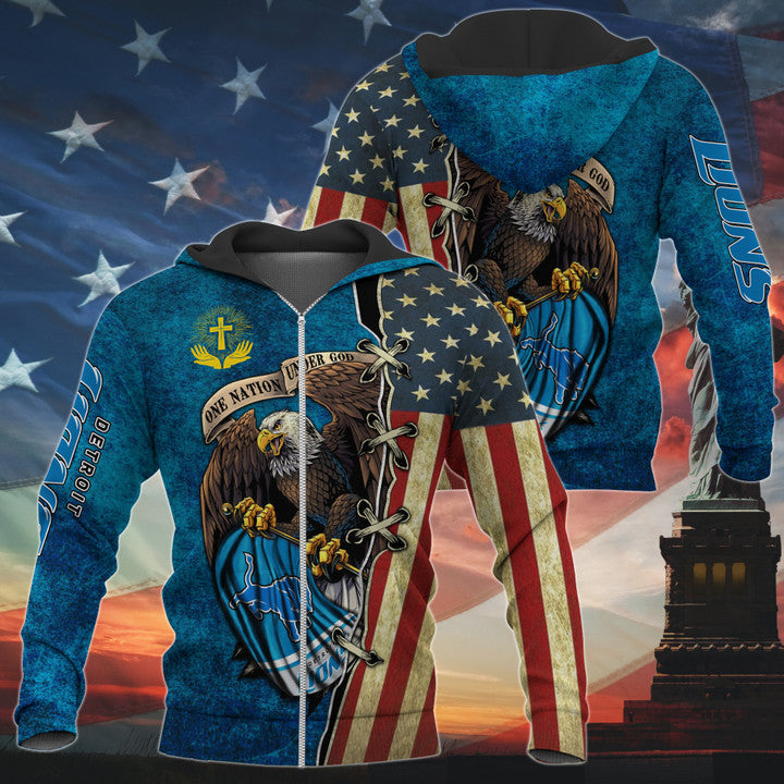 3D Nfl Printed One Nation Under God Detroit Lions Hoodie Full Zip Hoodies