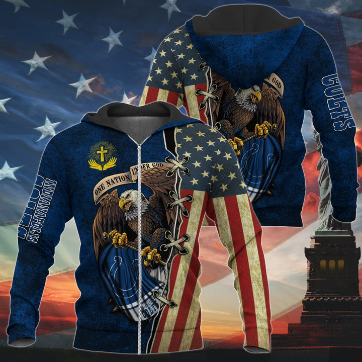 3D Nfl Printed One Nation Under God Indianapolis Colts Hoodie Full Zip Hoodies