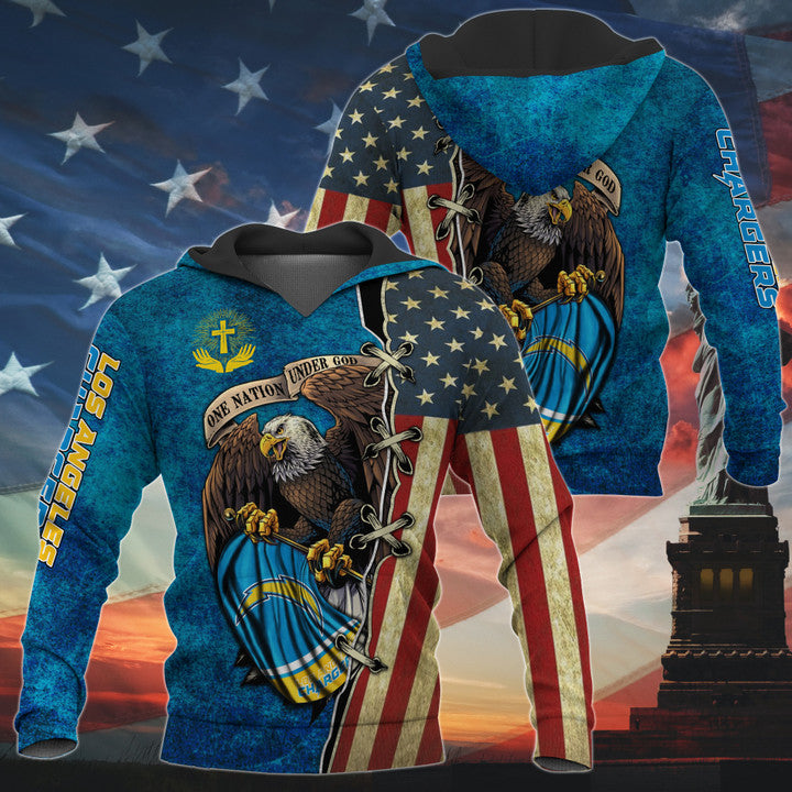 3D Nfl Printed One Nation Under God Los Angeles Chargers Hoodie Full Zip Hoodies