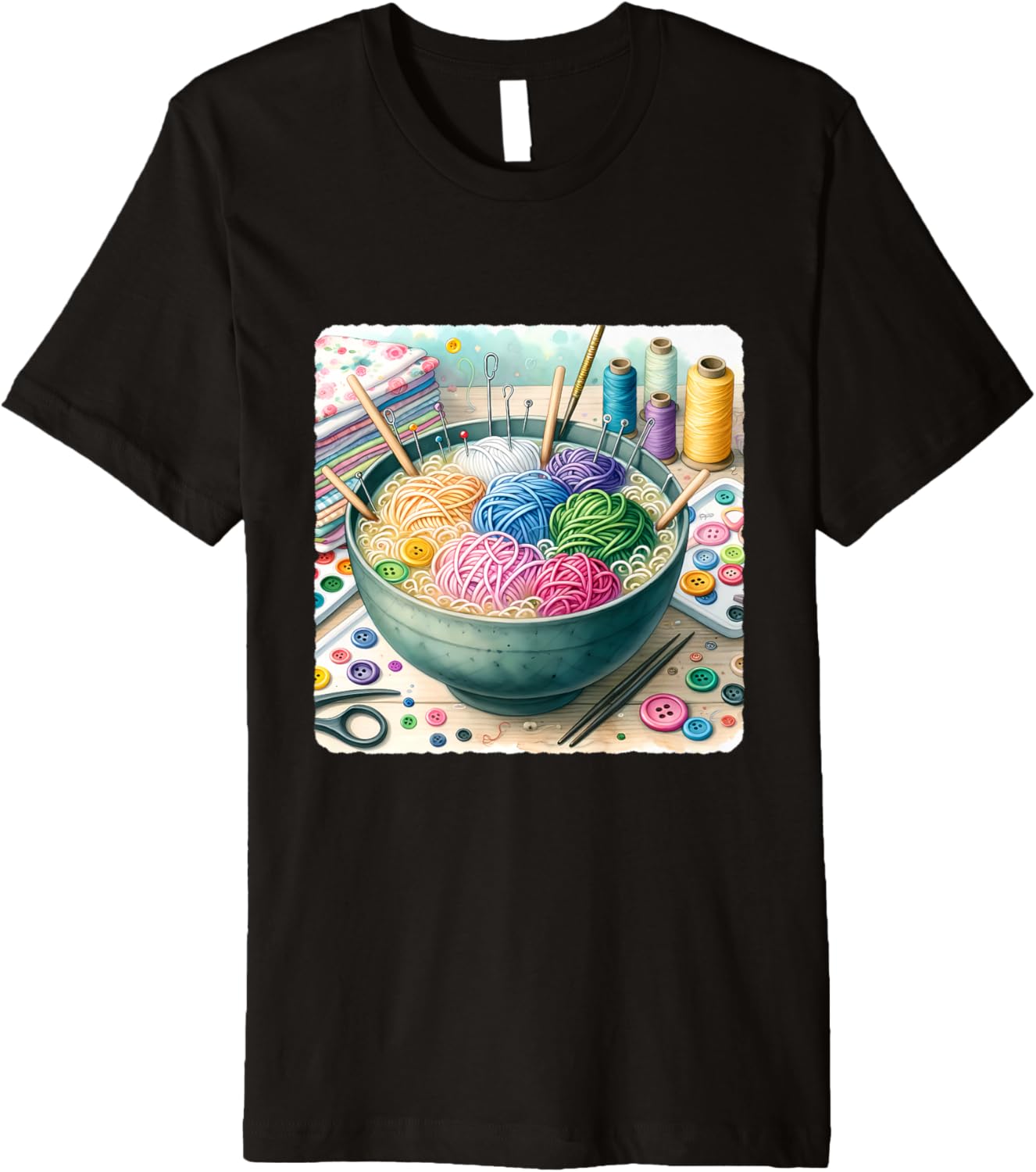 Ramen Bowl With Noodle Yarn, Needle, Button Toppings. Yarn Premium