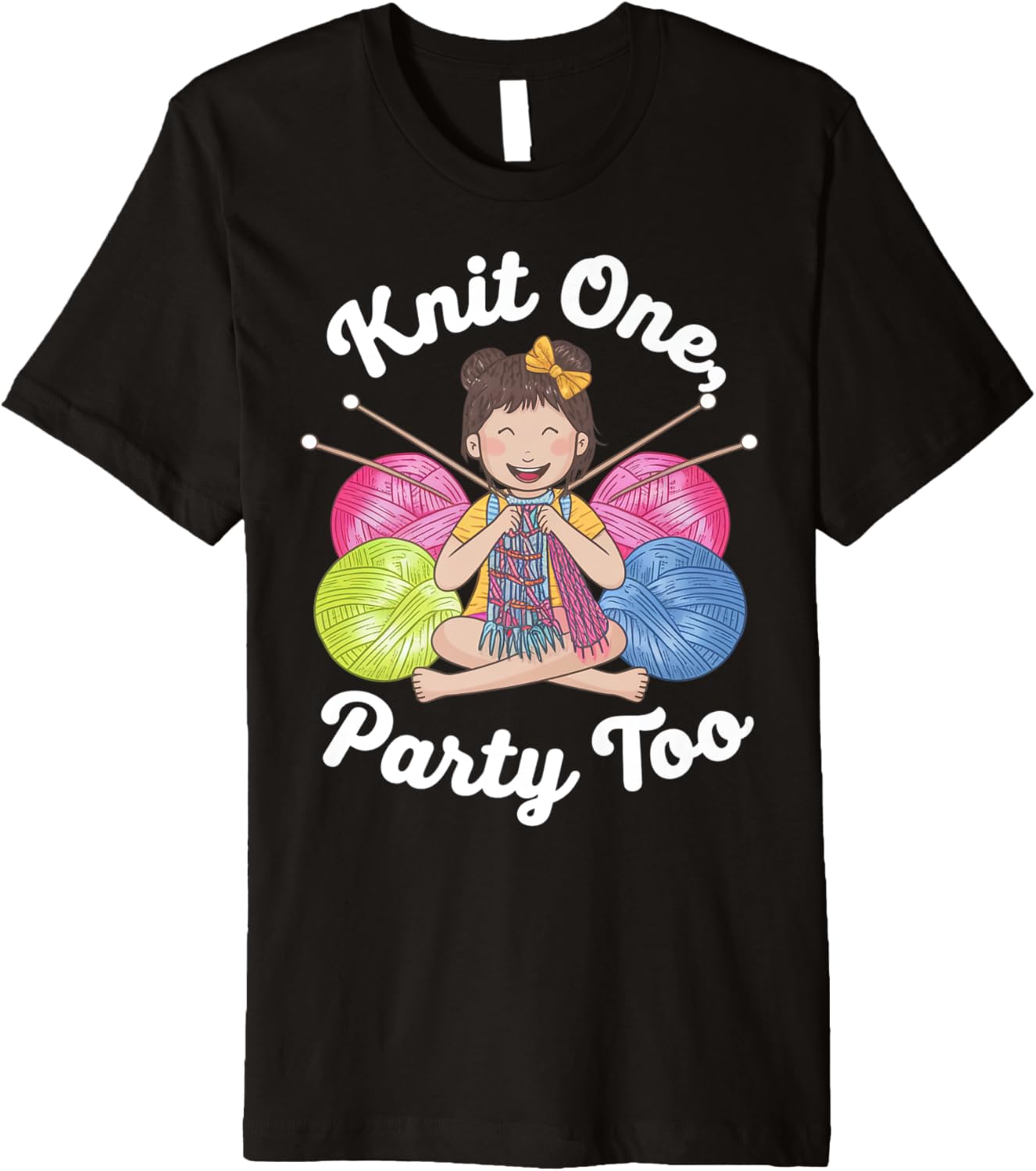 Girl Knitting with Colorful Yarn Premium