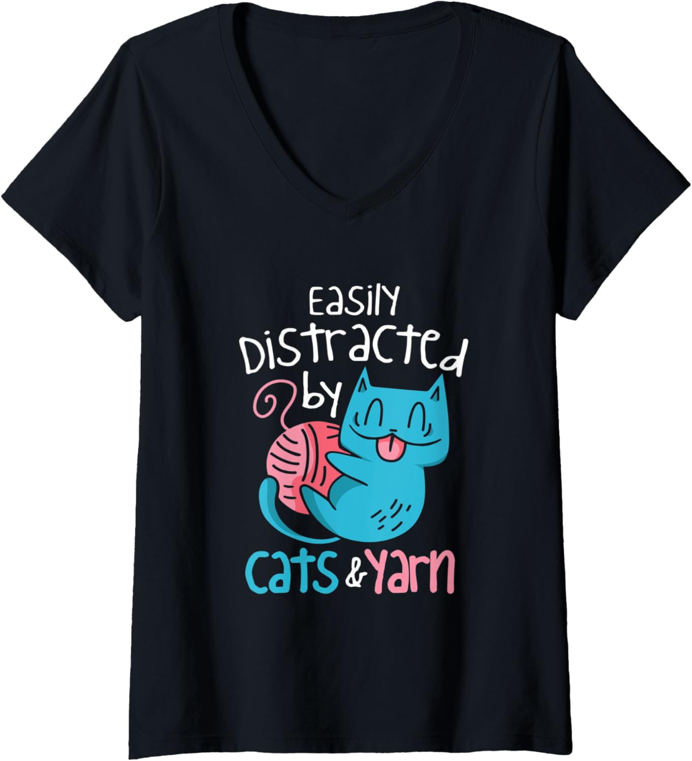 Womens Knitting Cat And Yarn Feline Knitter Crocheter V-Neck