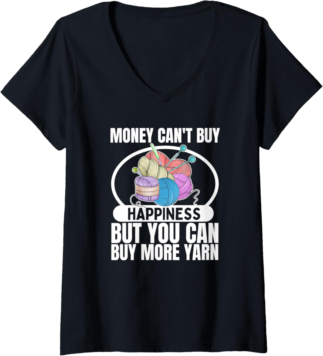 Womens Knitting Money Can't Buy Happiness Yarn Funny Knitting V-Neck