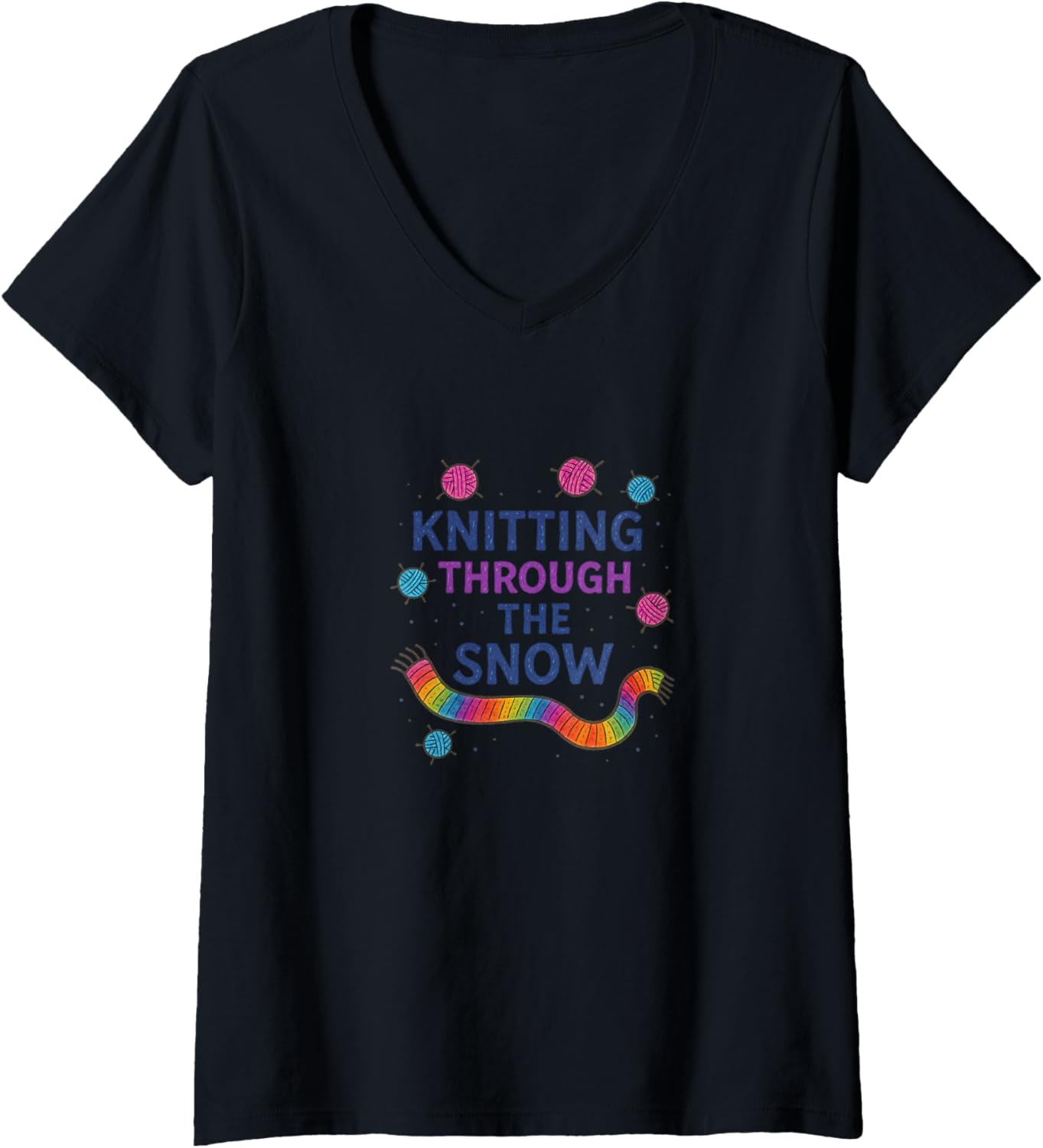 Womens Knitting Through The Snow Funny Christmas Yarn Holiday V-Neck