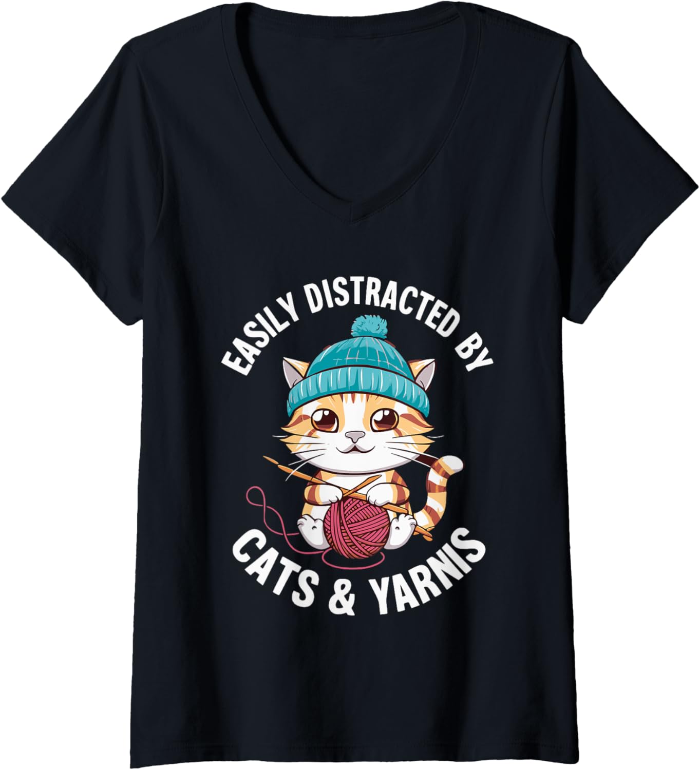 Womens Easily Distracted By Cats & Yarns Crafting Cat V-Neck