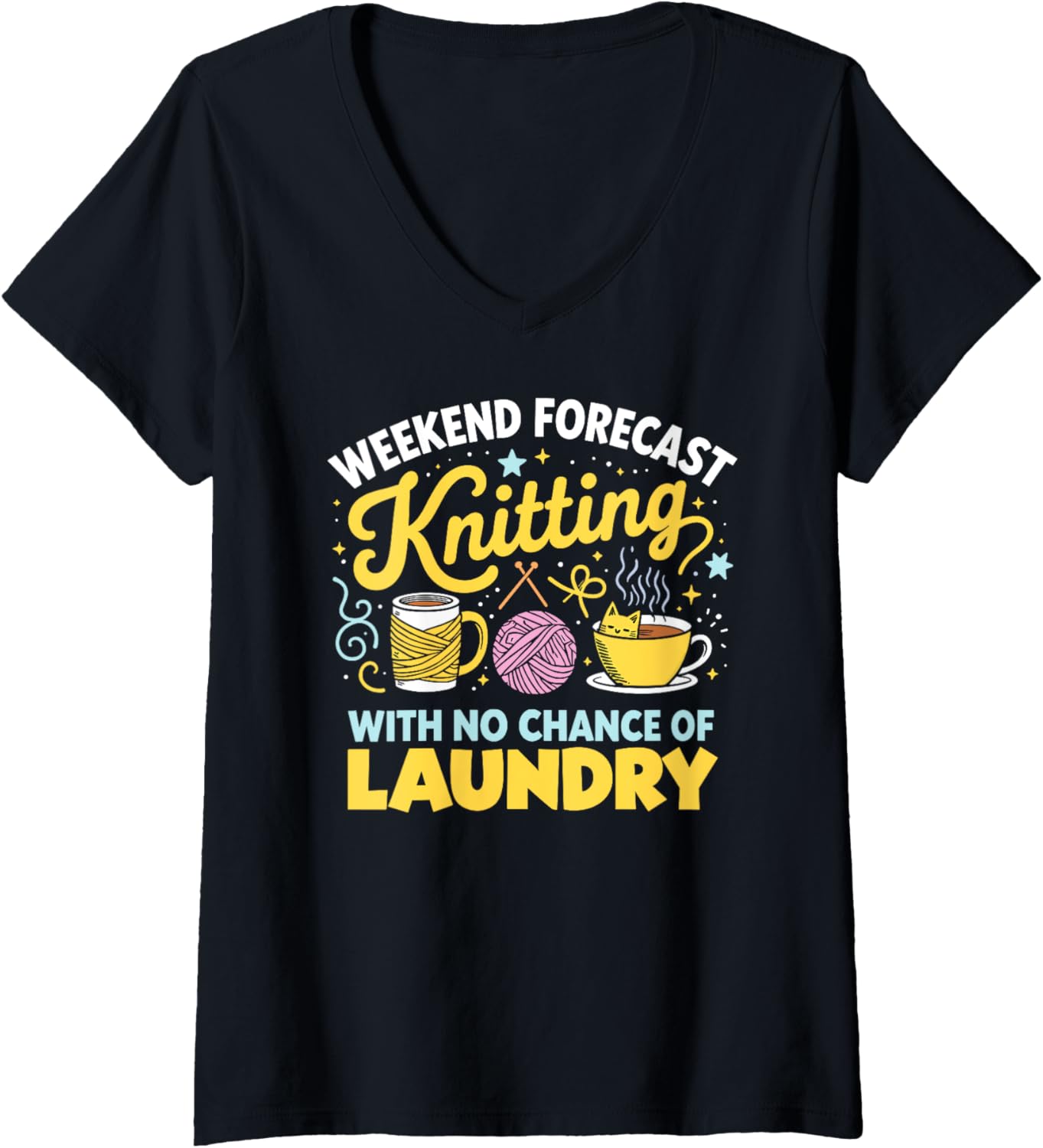 Womens Weekend Forecast Knitting Funny Yarn Lover Design V-Neck