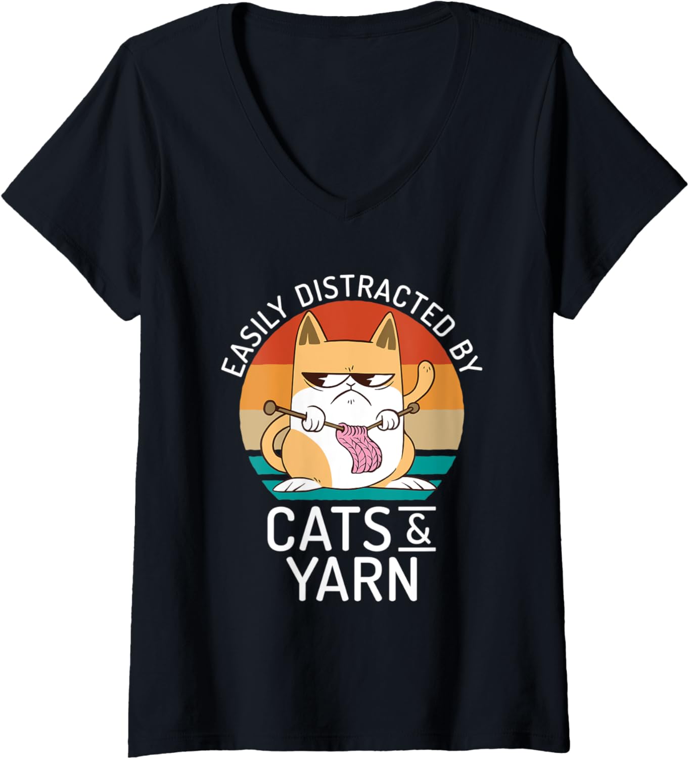 Womens Easily distracted by Cats and Yarn Crocheting Yarn Knitter V-Neck