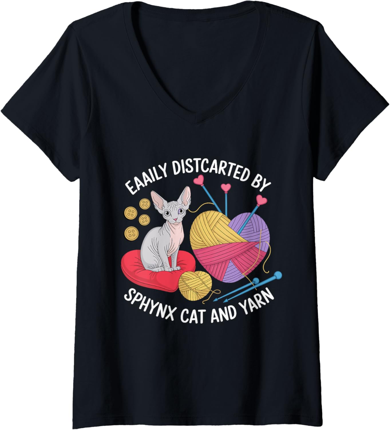 Womens Easily Disterted By Sphynx Cat And Yarn V-Neck