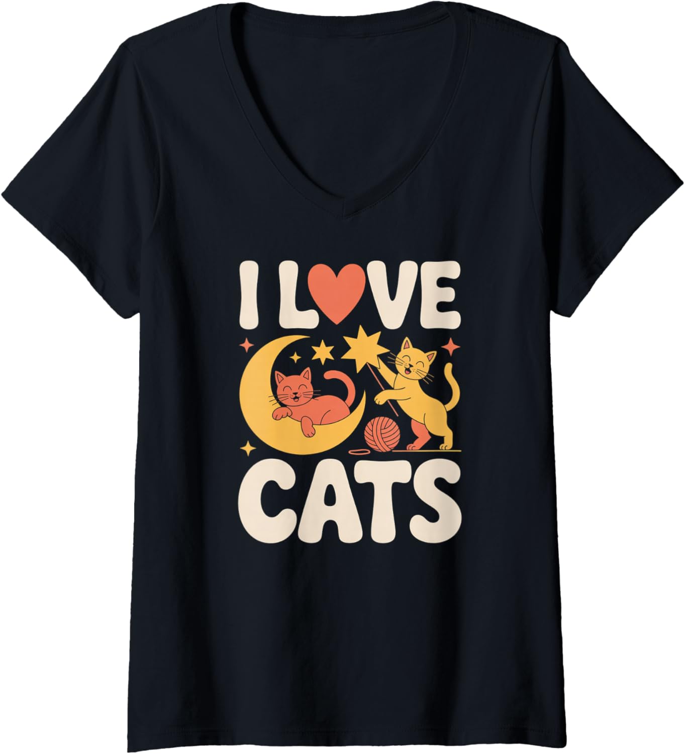 Womens I Love Cats Moon Stars Yarn Whiskers V-Neck