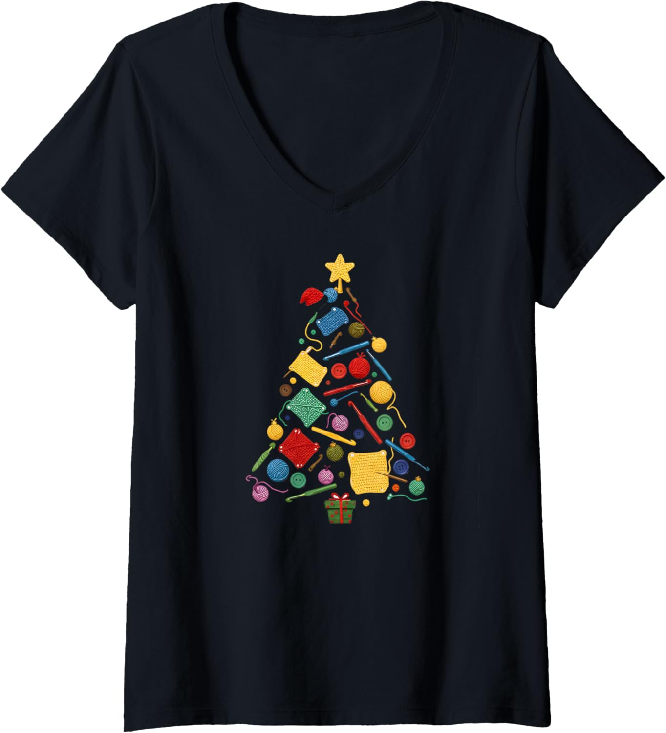 Womens Crocheting Christmas Tree Crochet Knitting Yarn Lover Women V-Neck