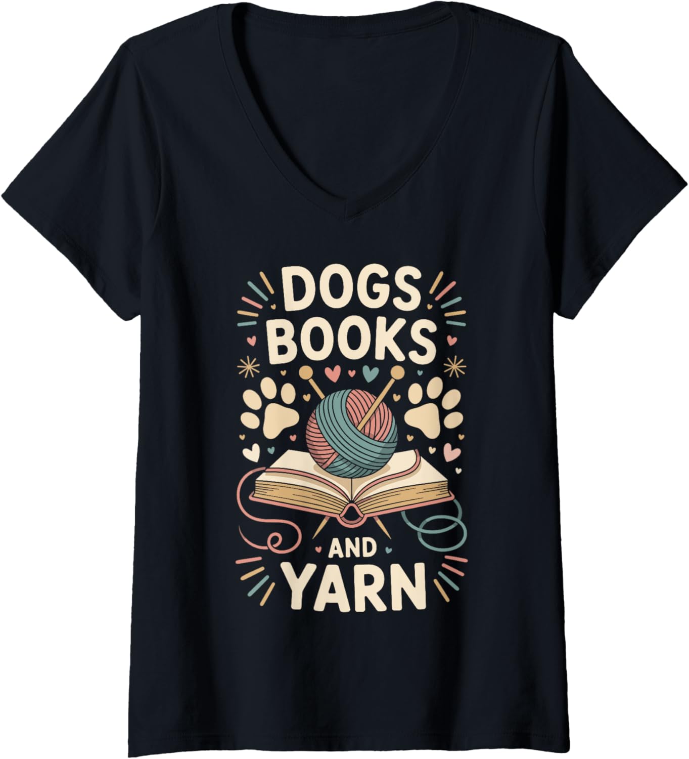 Womens Dogs Books And Yarn Funny Knitting V-Neck