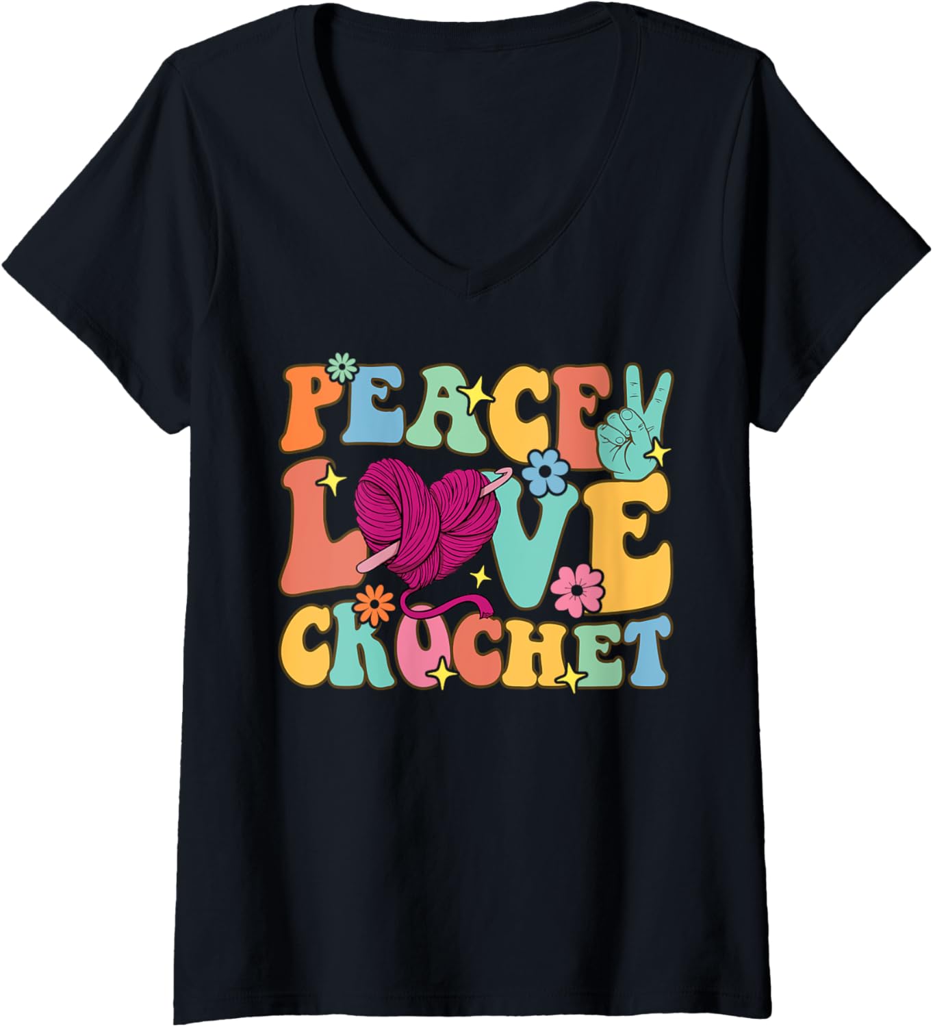 Womens Peace Love Crochet Groovy Crocheting Knitting Yarn Lover V-Neck