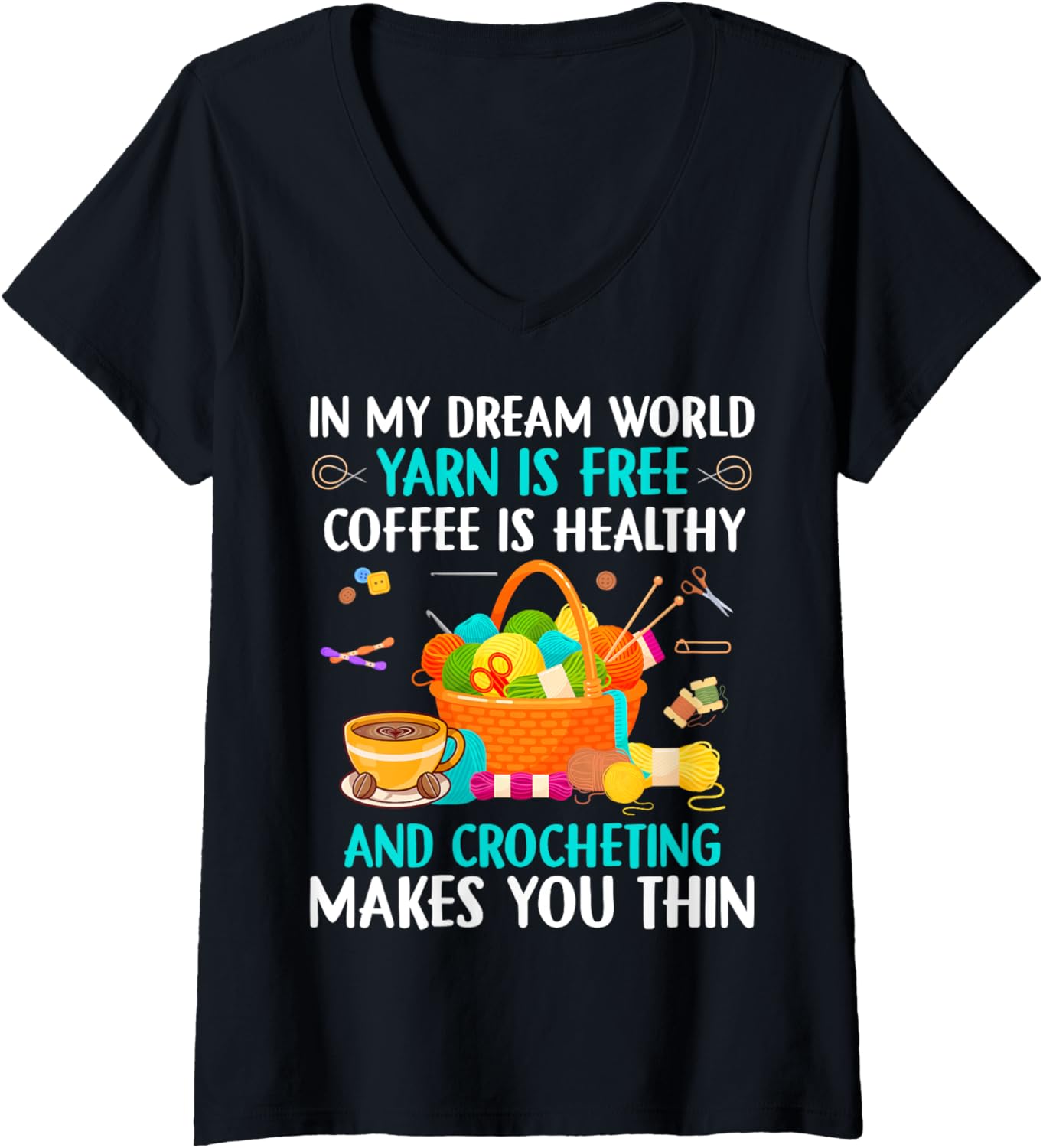 Womens Crochet Yarn Coffee Lover Design Crocheting Yarn knitting V-Neck