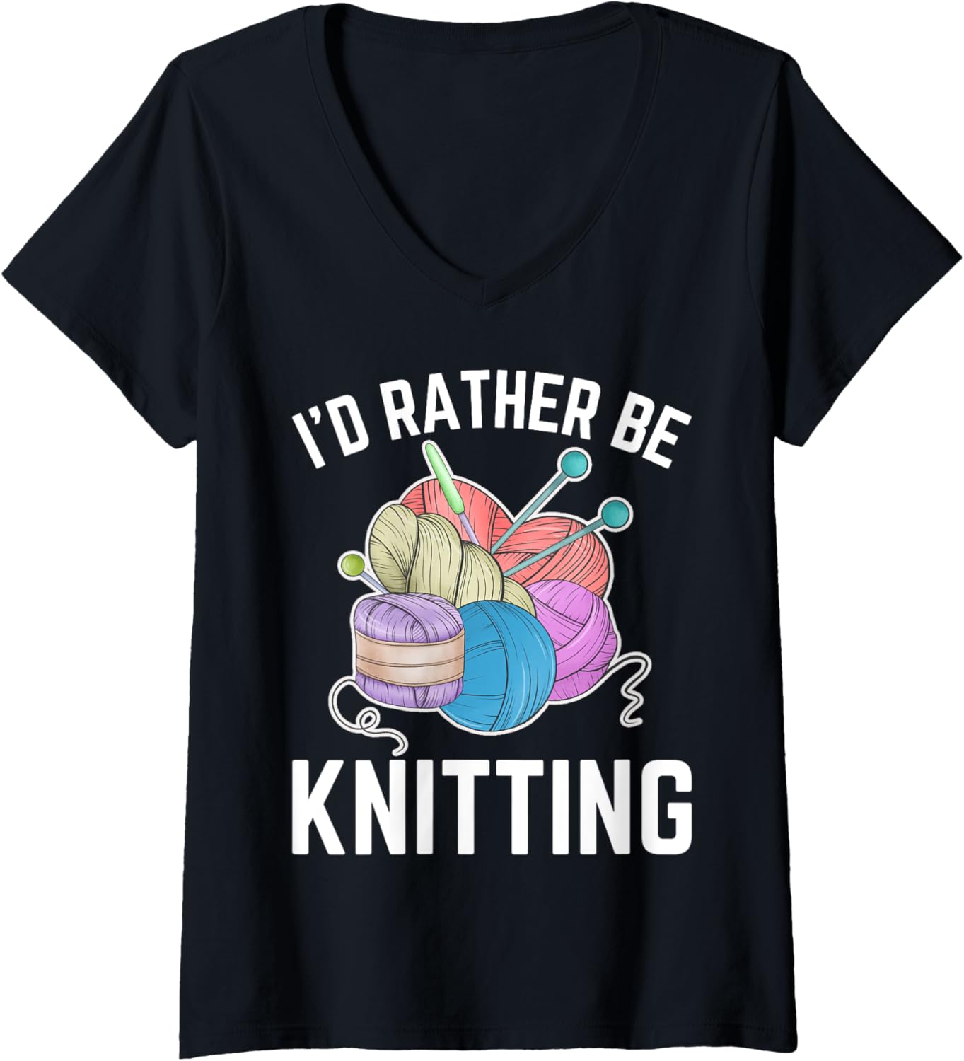 Womens I'd Rather be Knitting Funny Yarn Crochet Knitting Lover V-Neck