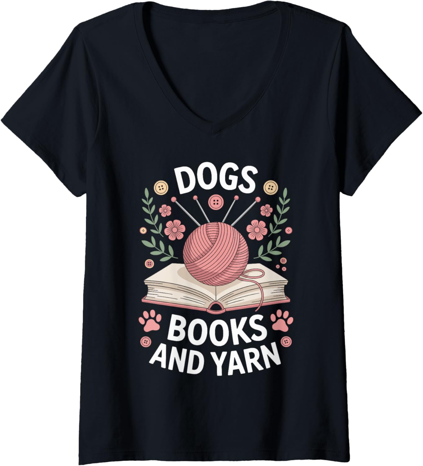 Womens Dogs Books And Yarn Knitter Funny Knitting V-Neck