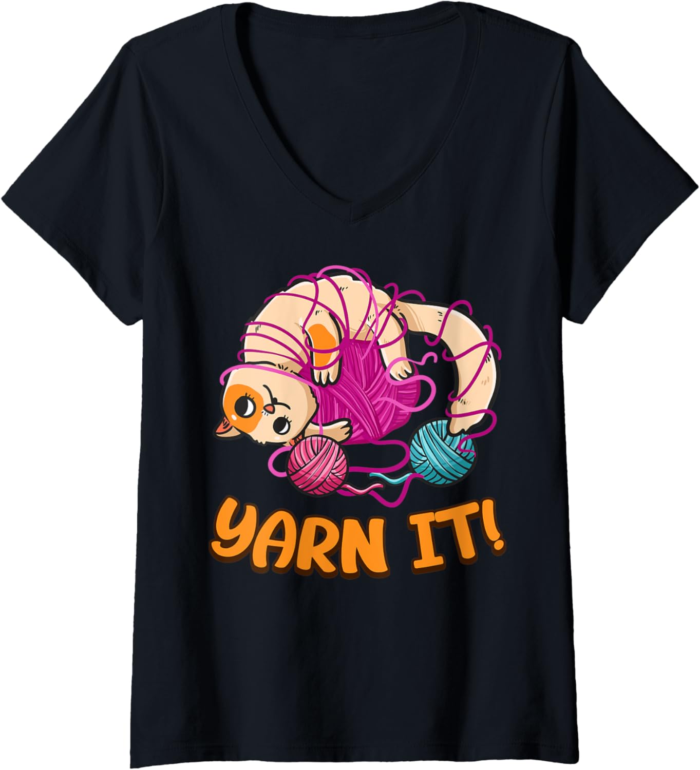 Womens Funny Knitters Yarn It Cat Tangled In Yarn Cat Lovers Yarn V-Neck