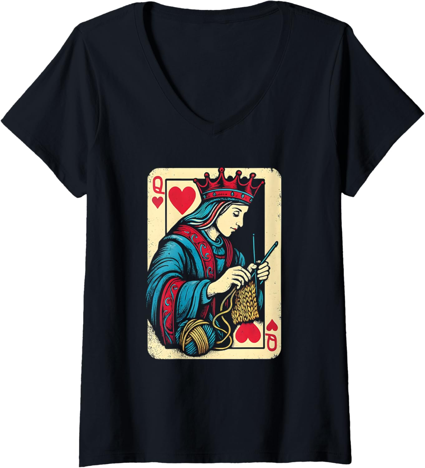 Womens Queen of Heart Knitting Yarn Lovers V-Neck