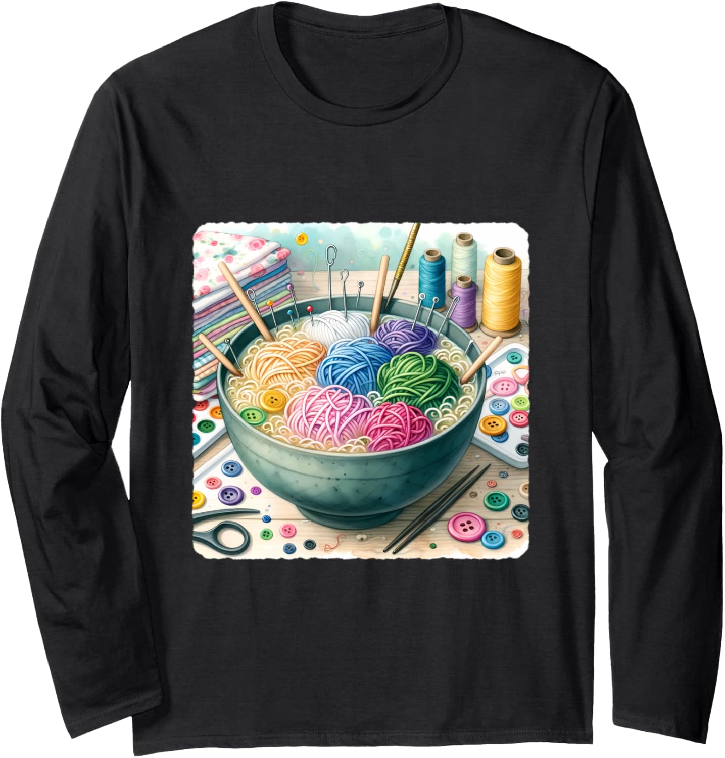 Ramen Bowl With Noodle Yarn, Needle, Button Toppings. Yarn Long Sleeve