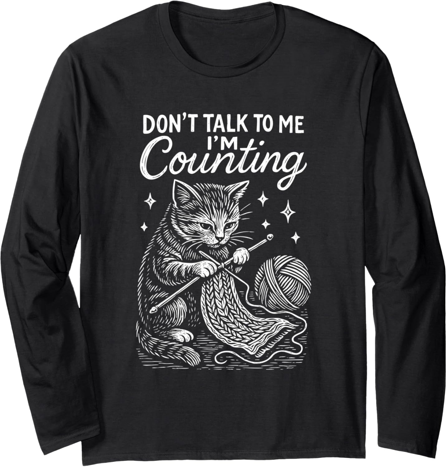 Cute Knitting Cat, Crochet Counting Design, Folk Art Style Long Sleeve