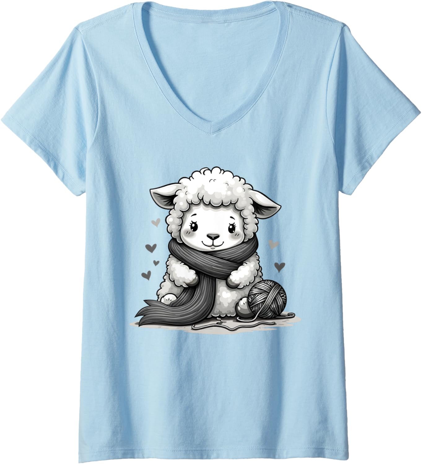 Womens Cute Sheep With Knitting Yarn And Wool Scarf V-Neck
