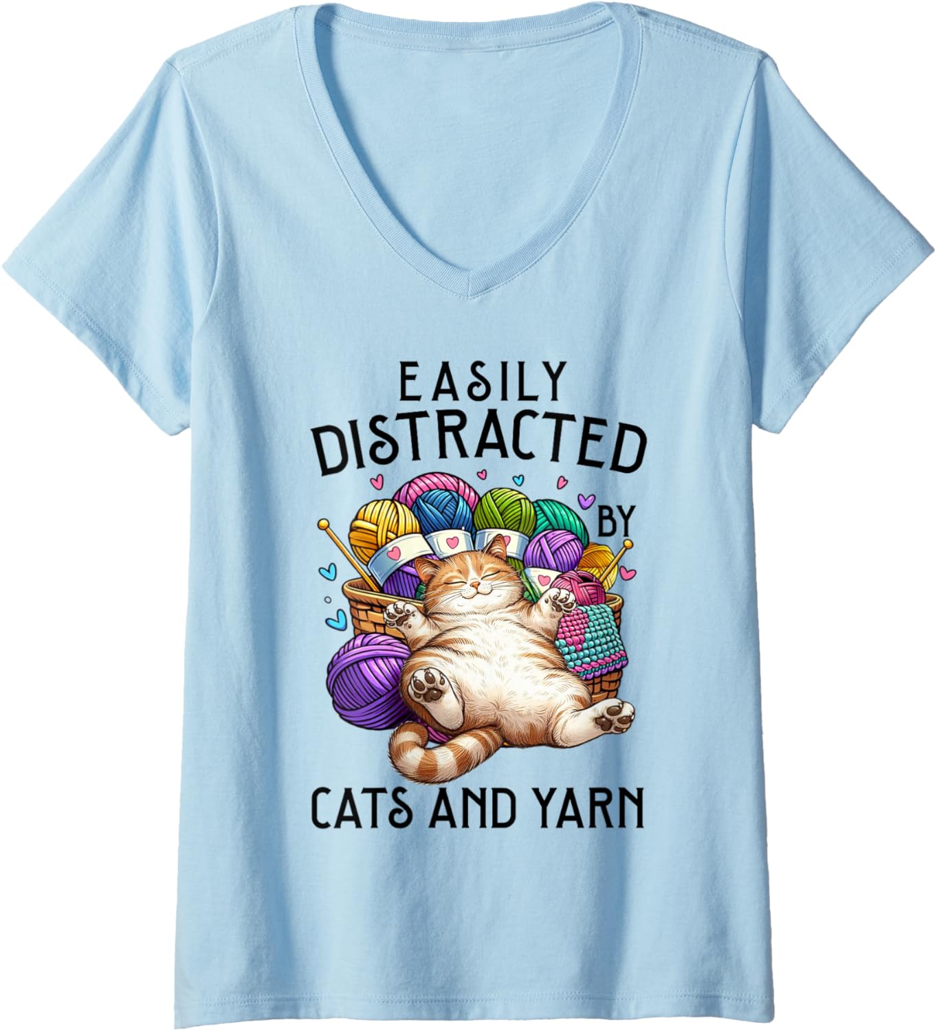 Womens Easily Distracted by Cats and Yarn Funny Crochet Cat V-Neck
