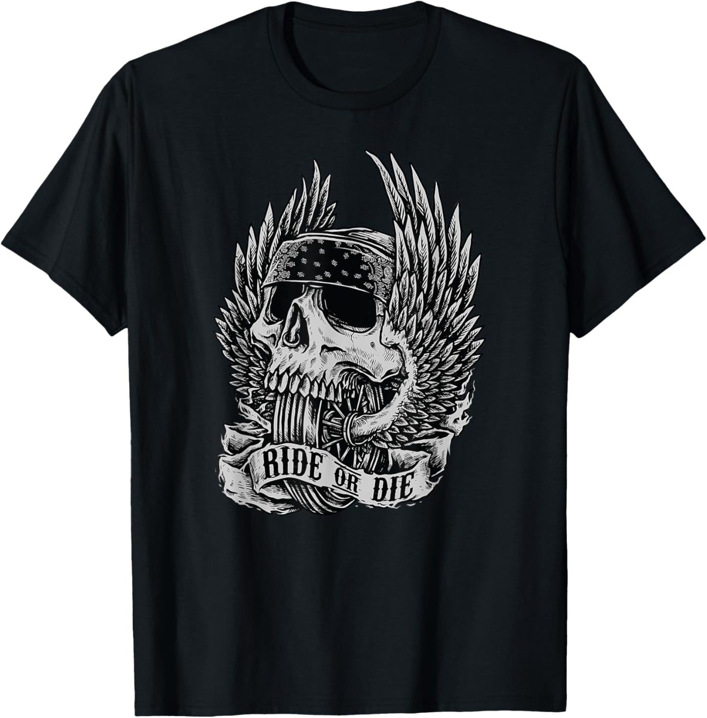 Ride Or Die Biker Skull and Winged Wheel Art Design