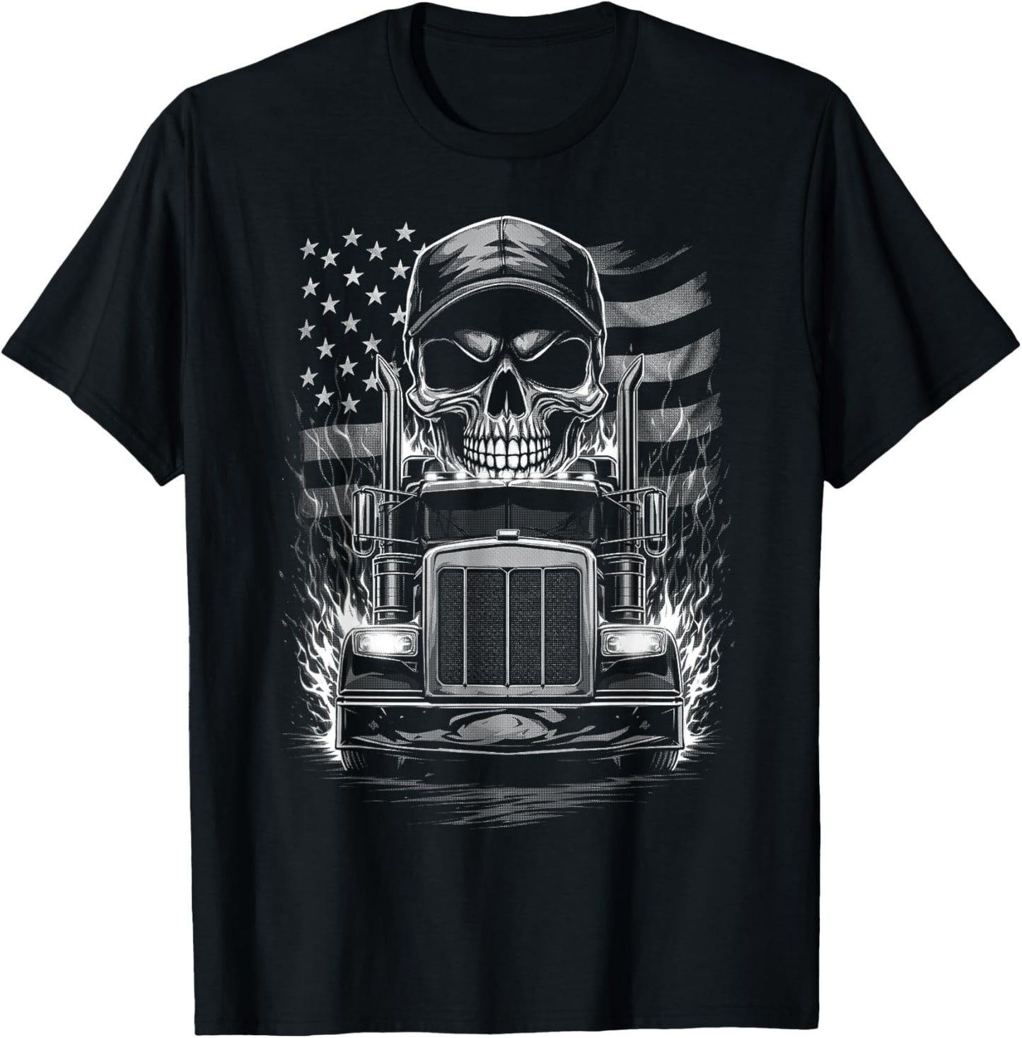 Trucker Patriotic American Flag Semi Truck Driver Skull
