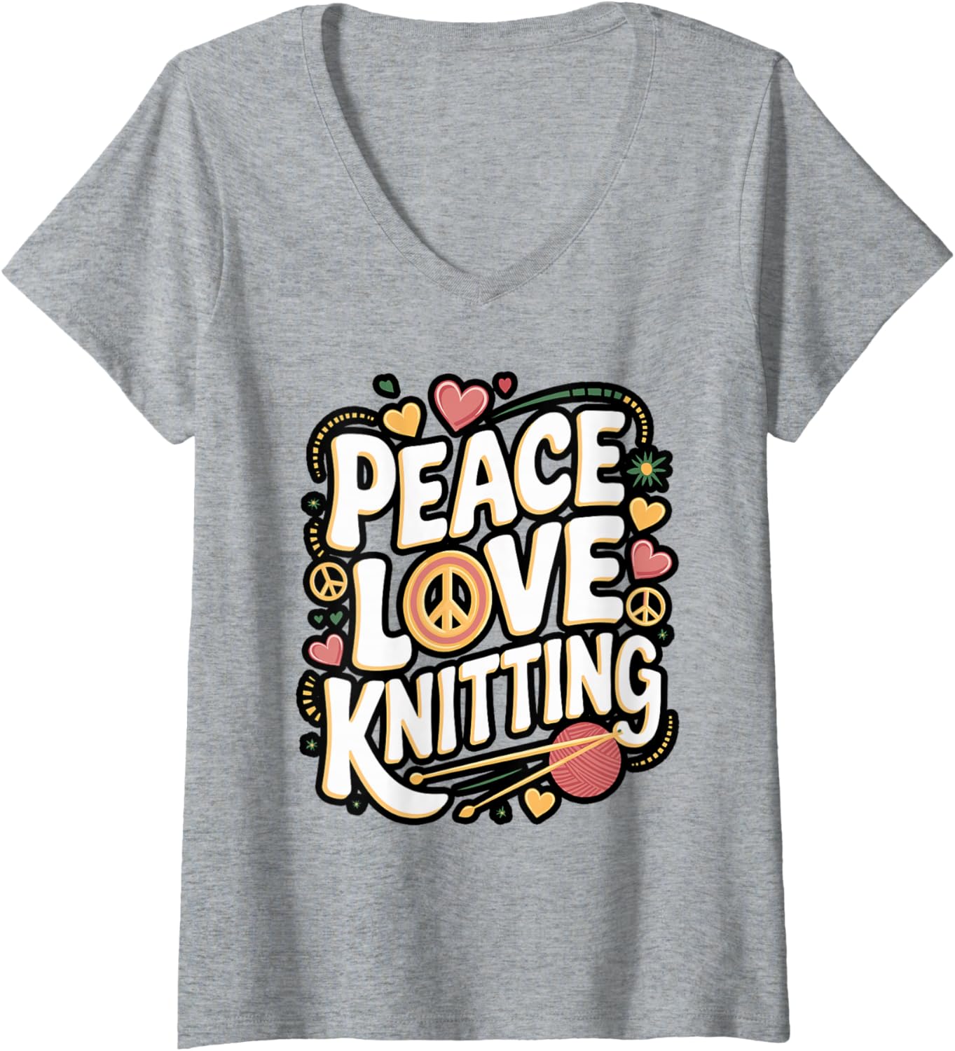 Womens Peace Love Knitting Retro Yarn Design V-Neck