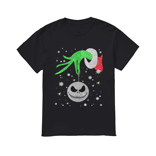 Grinch hand holding Jack Skellington Christmas shirt