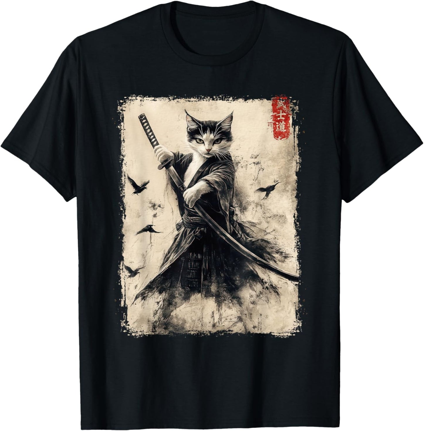 Samurai Cat Graphic Tee Warrior Vintage Japanese Art Anime T Shirt Tee