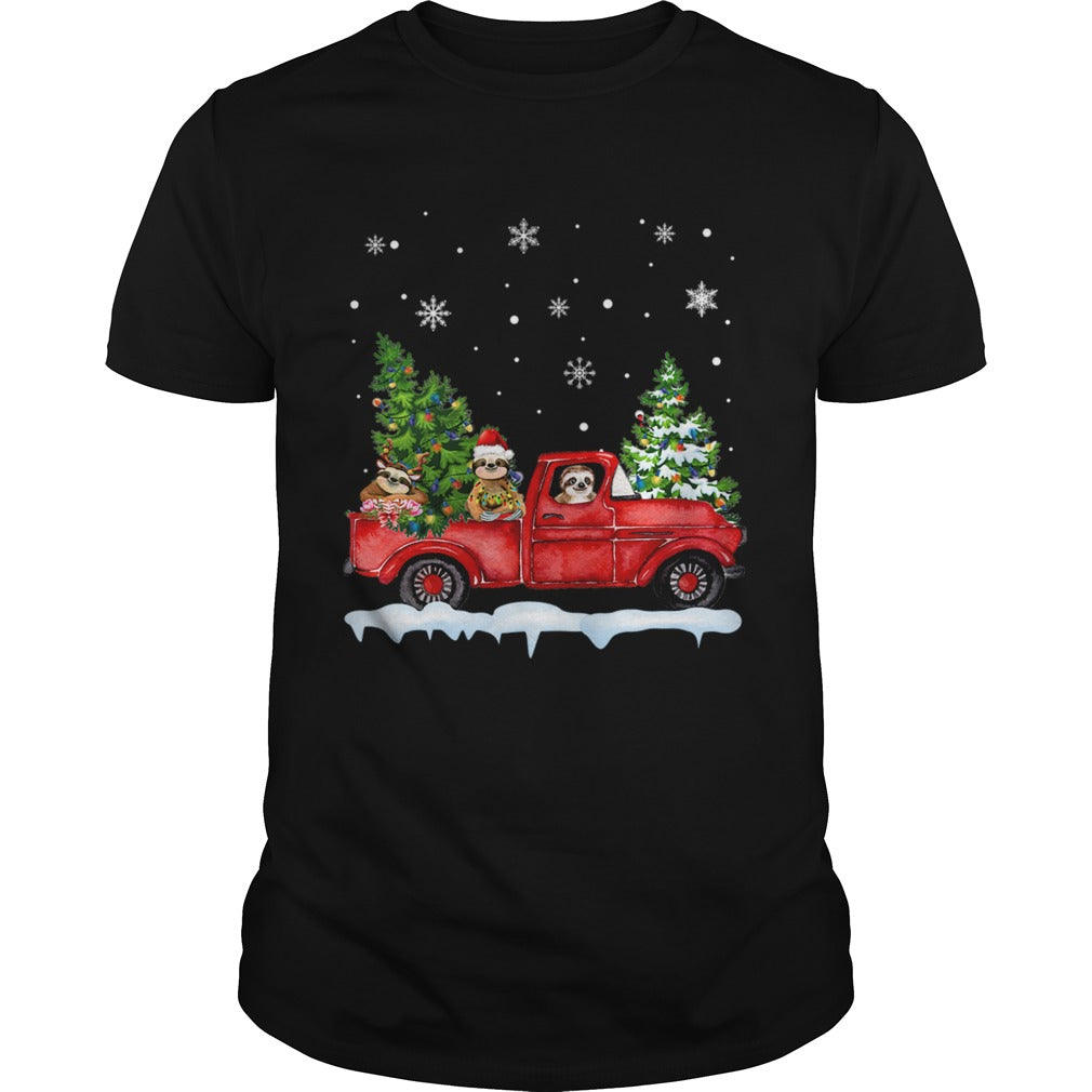 Sloth With Red Truck Christmas Holiday Gift TShirt