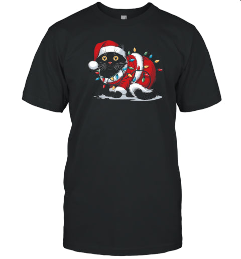 Black Santa Cat Tangled Up In Lights Christmas Santa Essential T Shirt