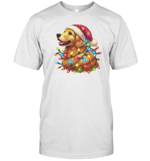 Cheerful Christmas Pup Golden Retriever In Lights T Shirt