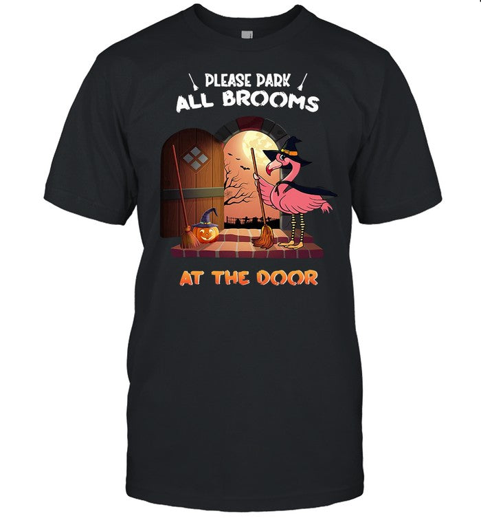 Flamingo Please Park All Brooms At The Door Halloween T shirt