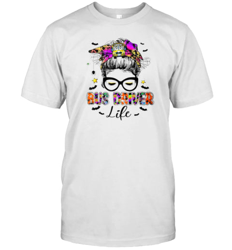 Halloween Bus Driver Life Messy Bun School Bus Driver T Shirt