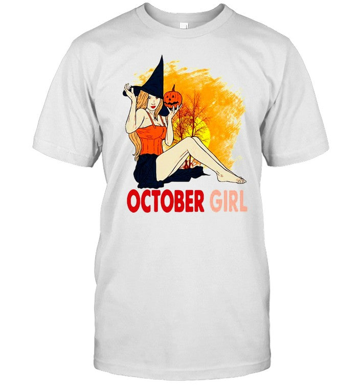 Halloween October Girl Pumpkin Witch Hat Sunset T shirt