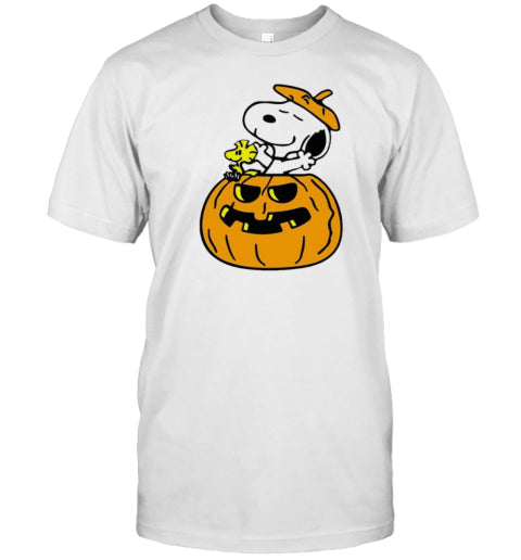 Halloween Pumpkin Snoopy And Woodstock Cartoon Design T Shirt
