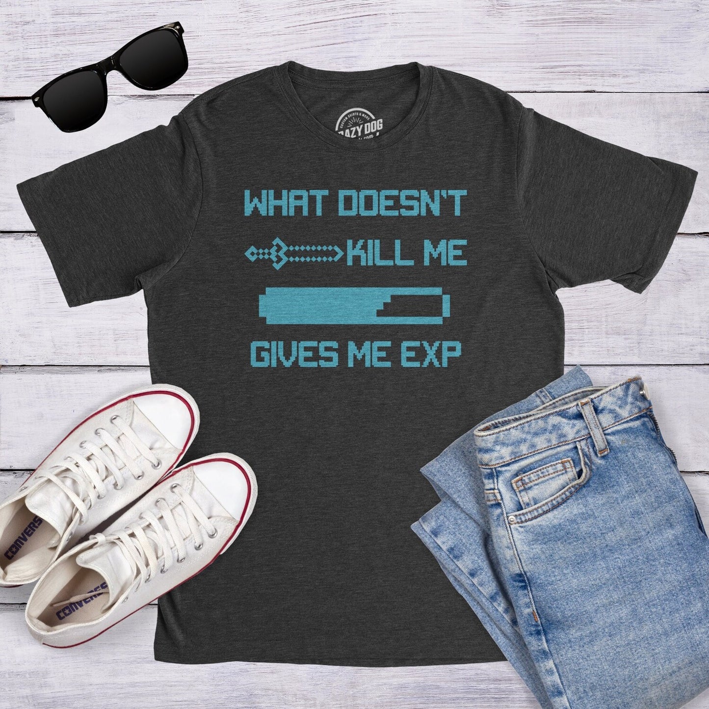 Doesn't Kill Me Give Me EXP T-Shirt | Retro Gaming Tee | Funny Mens Gamer Shirt