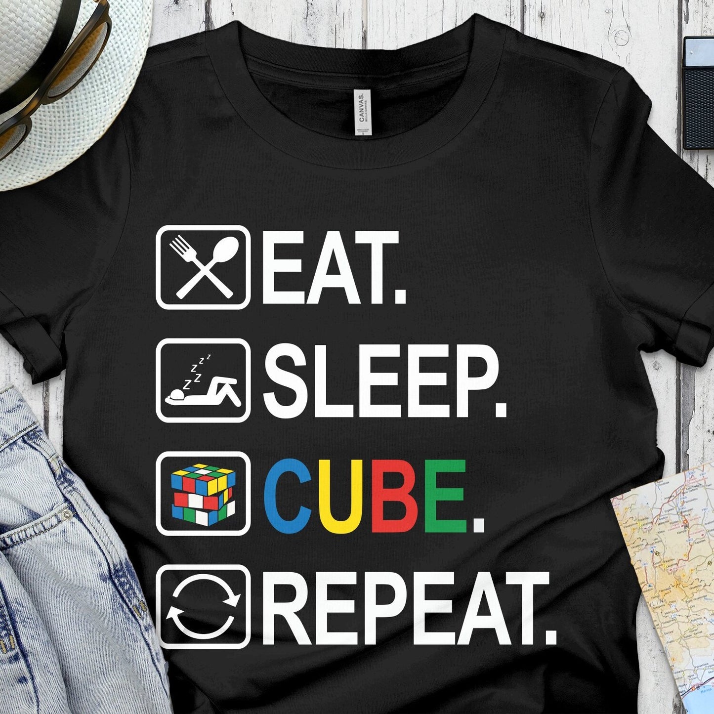 Rubiks Cube Costume Gifts T-Shirt | Eat Sleep Cube Repeat Tee | Funny Puzzle Shirt