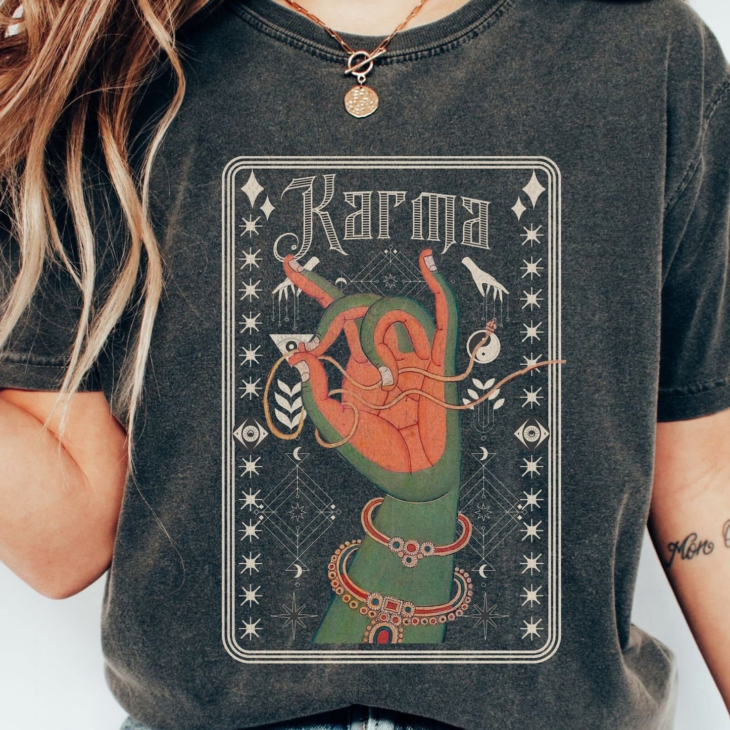 Witchy Tee Karma Tibetan God Tshirt | Buddhist Enlightenment Unisex Comfort Color Meditation Yoga Ayurvedic Tantric Punk Rock Shirt