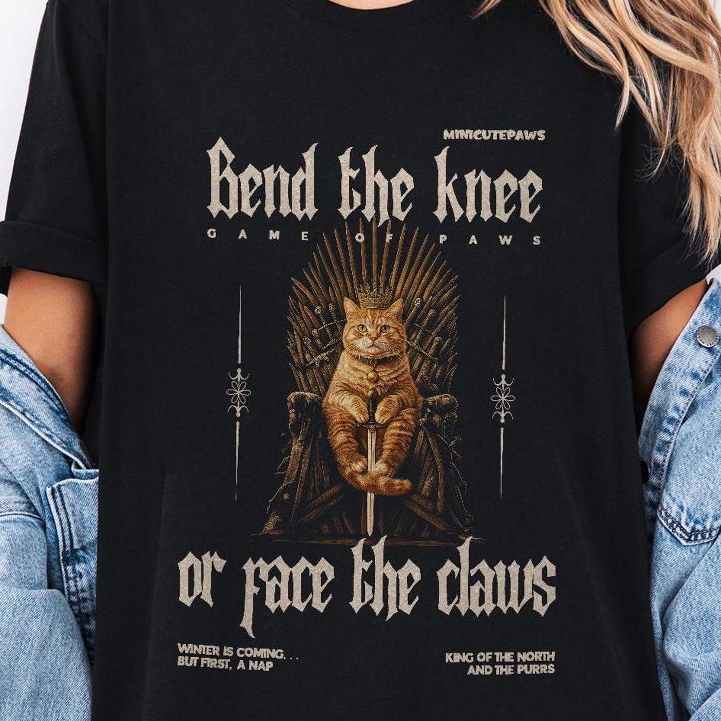 Game of Paws Cat Shirt, Funny Cat T-shirt, Iron Throne, King of the North, Bend the Knee, Winter is Coming, Cat Lovers Tshirt, Orange Cat