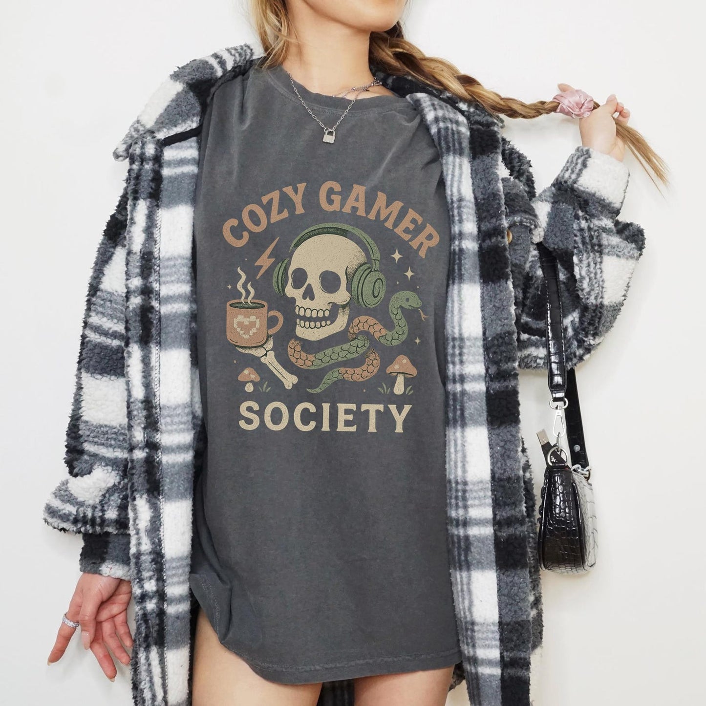 Cozy Gamer Society Shirt Funny Skull Gaming Tee with Headphones and Coffee Cup Aesthetic Comfort Colors Gift for Him or Her Gamer Style