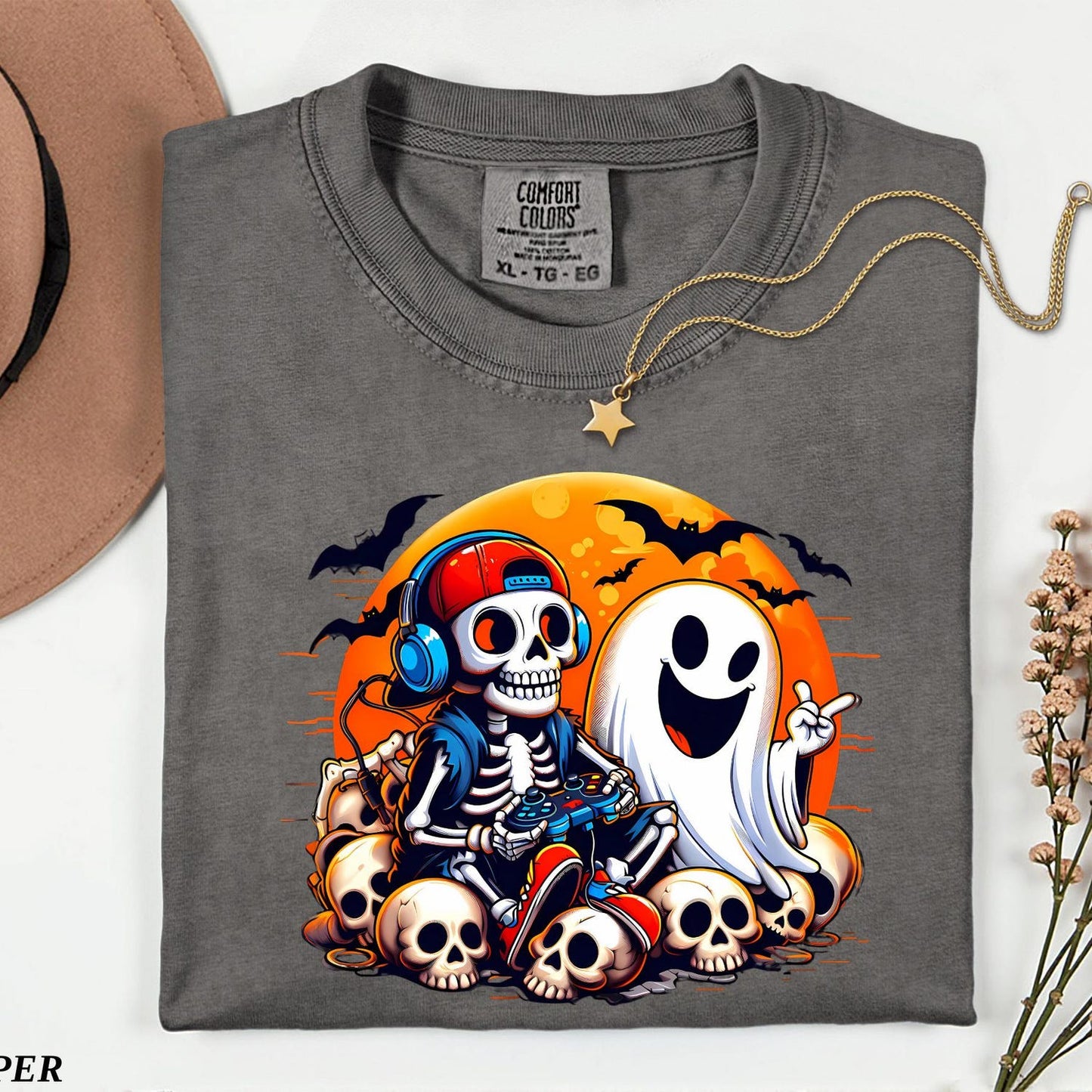 Funny Halloween Gamer T-Shirt: Spooky Skeleton Ghost Gaming Tee