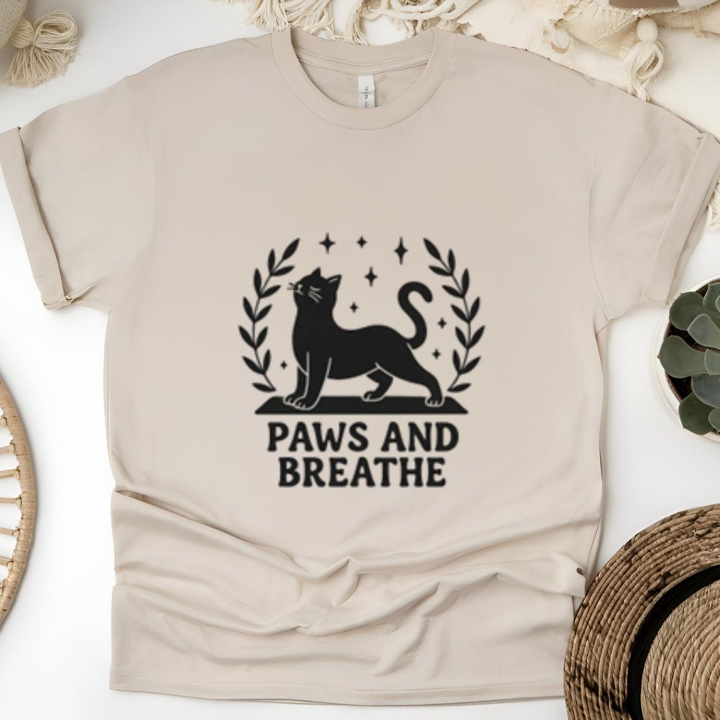 Funny Paws and Breathe Yoga Cat Unisex Heavy Cotton Tee | Stretching Cat Lover Yoga Lover Gift Tee