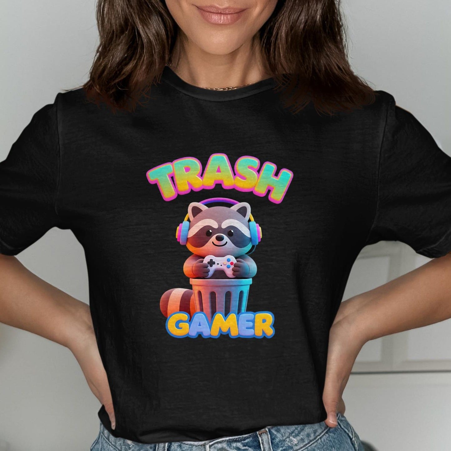 Trash Gamer Raccoon T-Shirt Funny Gaming Shirt Cute Animal Tee Trashcan Design Gift for Gamers