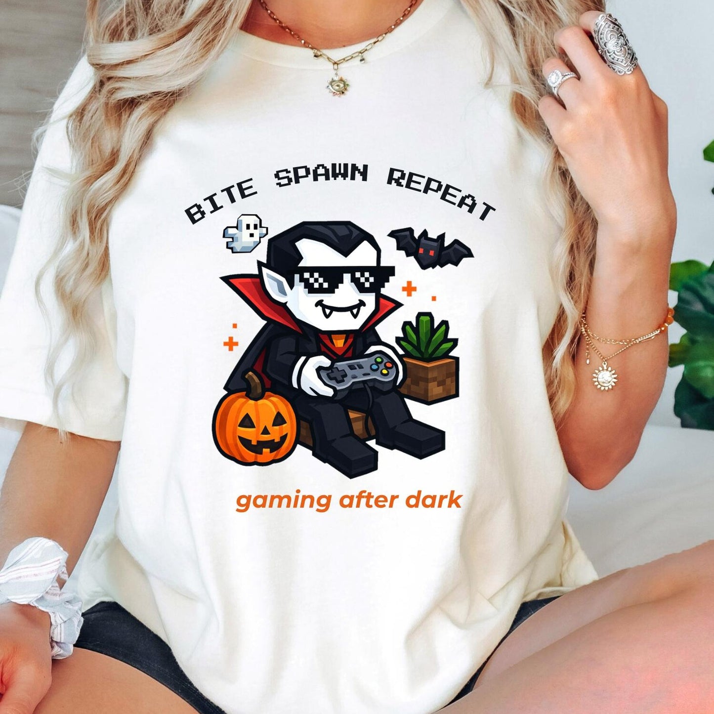 Bite Respawn Repeat Halloween Gamer T-Shirt | Funny Pixel Vampire Gaming Tee